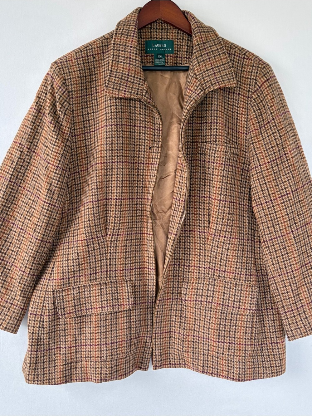 Ralph Lauren 100% Wool Tweed Houndstooth Jacket Womens 20W Plus Brown Plaid Zip